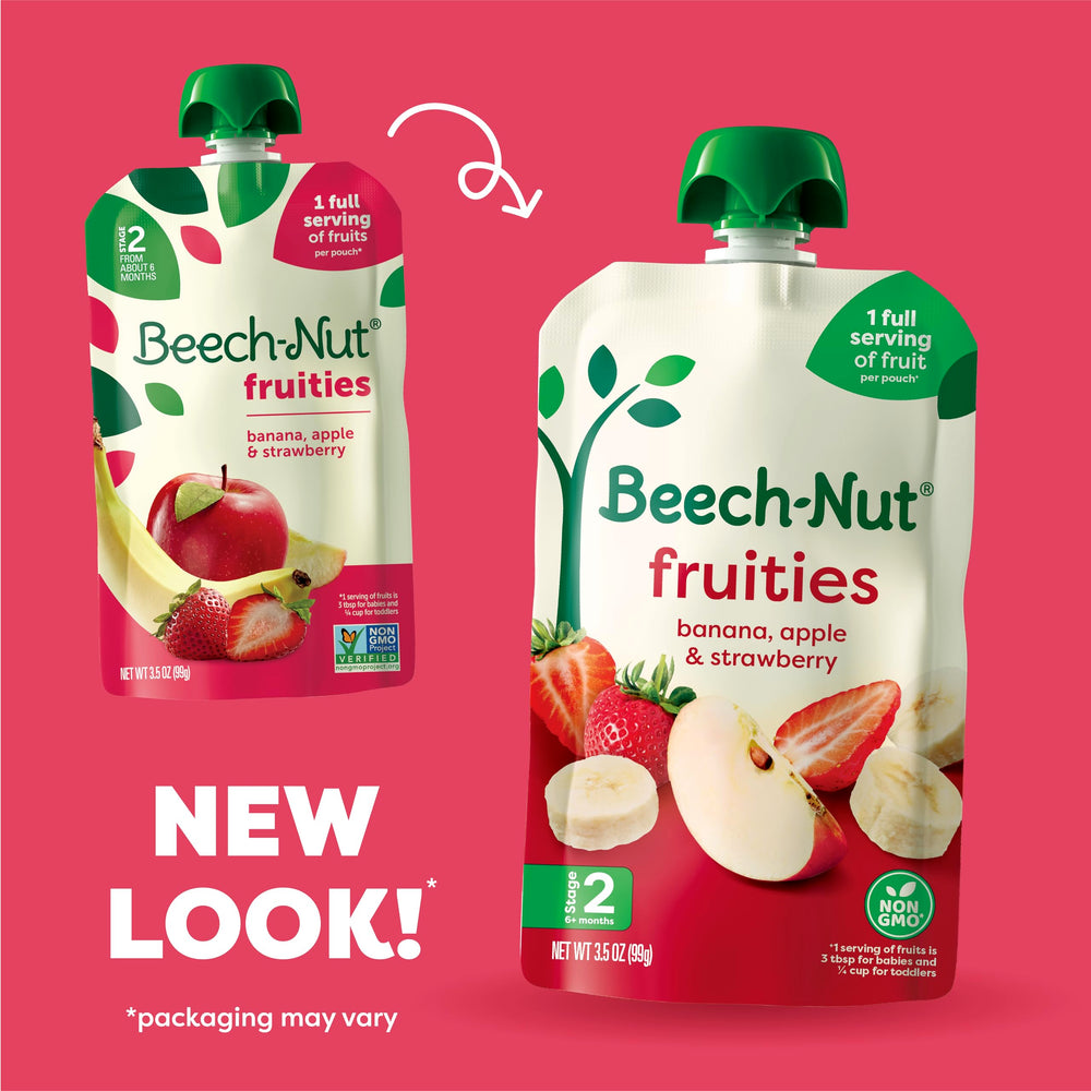 Beech-Nut Banana-Apple-Strawberry pouch supports early solids.