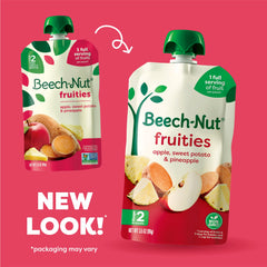 Beech-Nut banana-pear-sweet-potato pouch back view, convenient travel-friendly packaging.