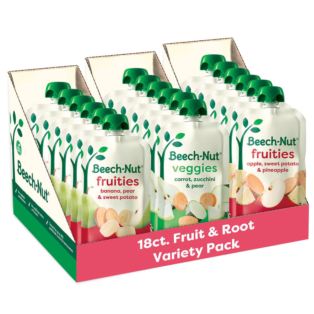 Beech-Nut banana-pear-sweet-potato pouch front view for on-the-go feeding.