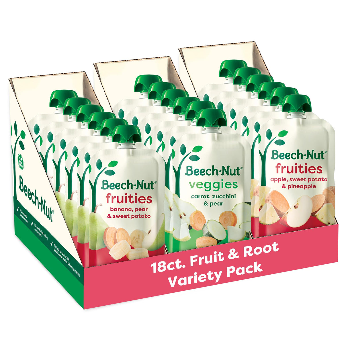 Beech-Nut banana-pear-sweet-potato pouch front view for on-the-go feeding.