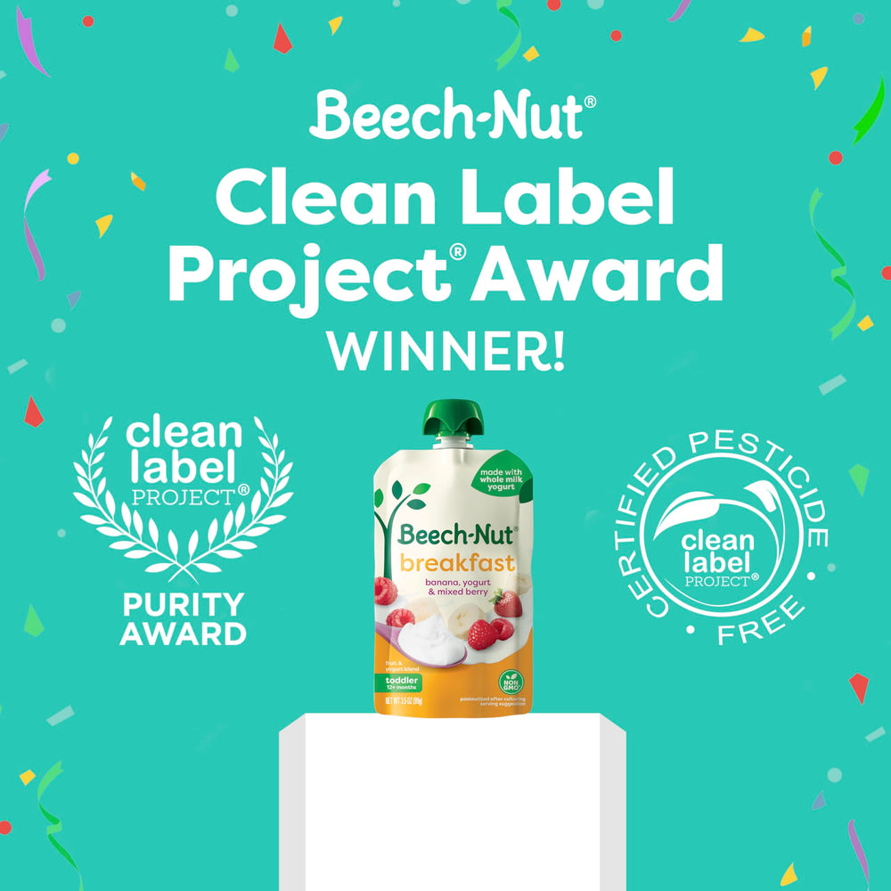 Beech-Nut yogurt banana berry pouch offers baby-friendly flavor.