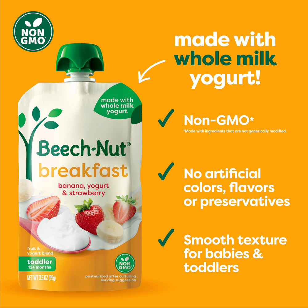 On-the-go dining with Beech-Nut pouch and spoon for travel-friendly mornings