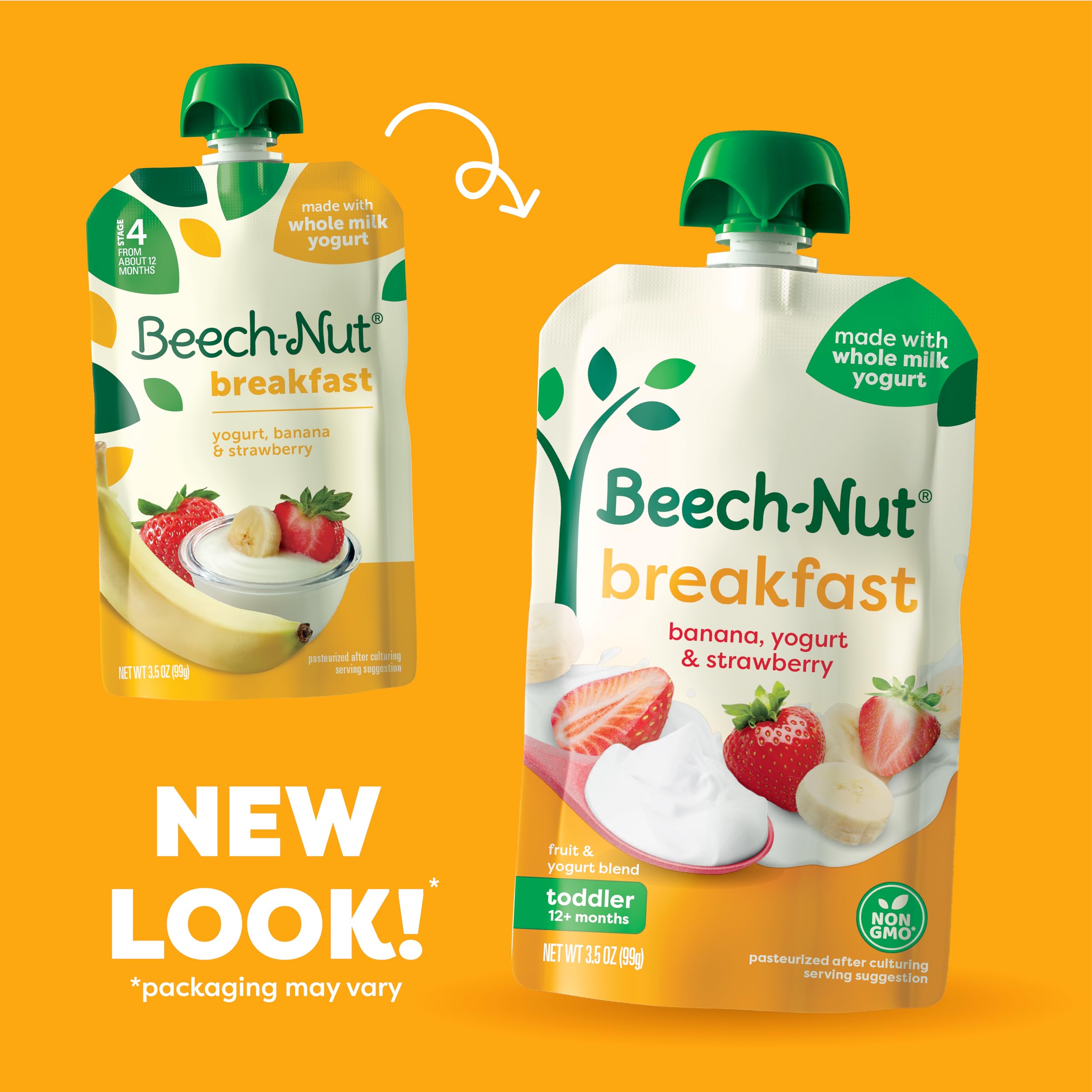 Serving image shows 3.5 oz Beech-Nut breakfast pouch ideal for on-the-go breakfasts