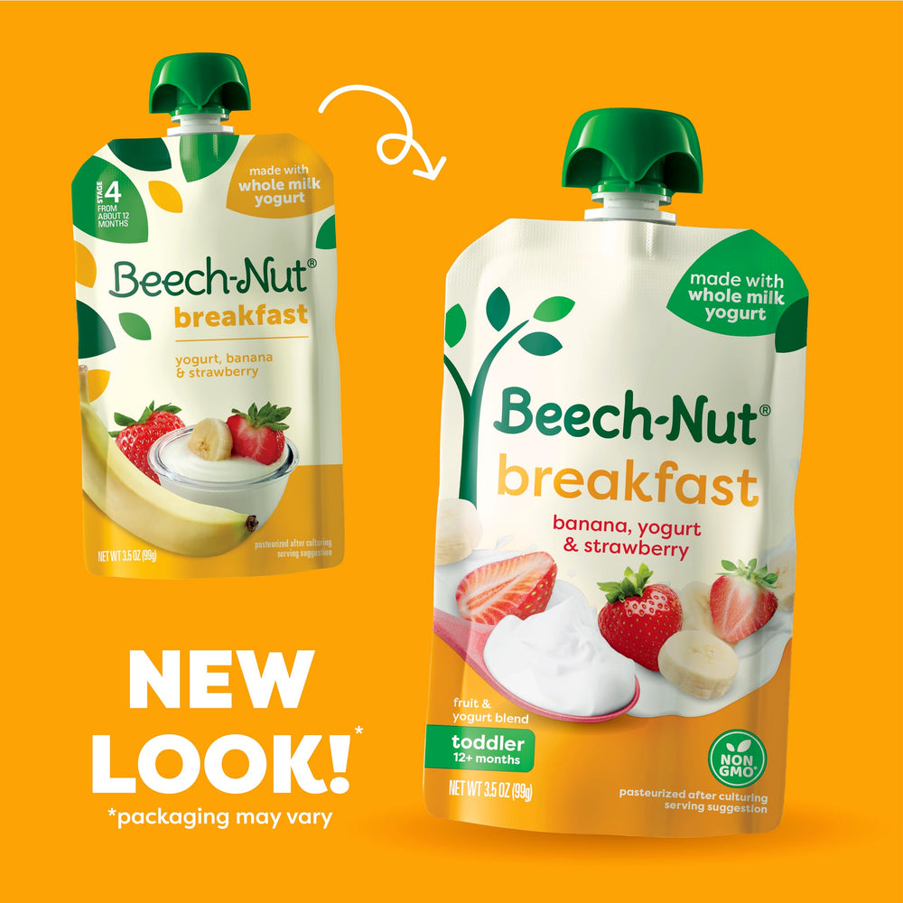 Serving image shows 3.5 oz Beech-Nut breakfast pouch ideal for on-the-go breakfasts