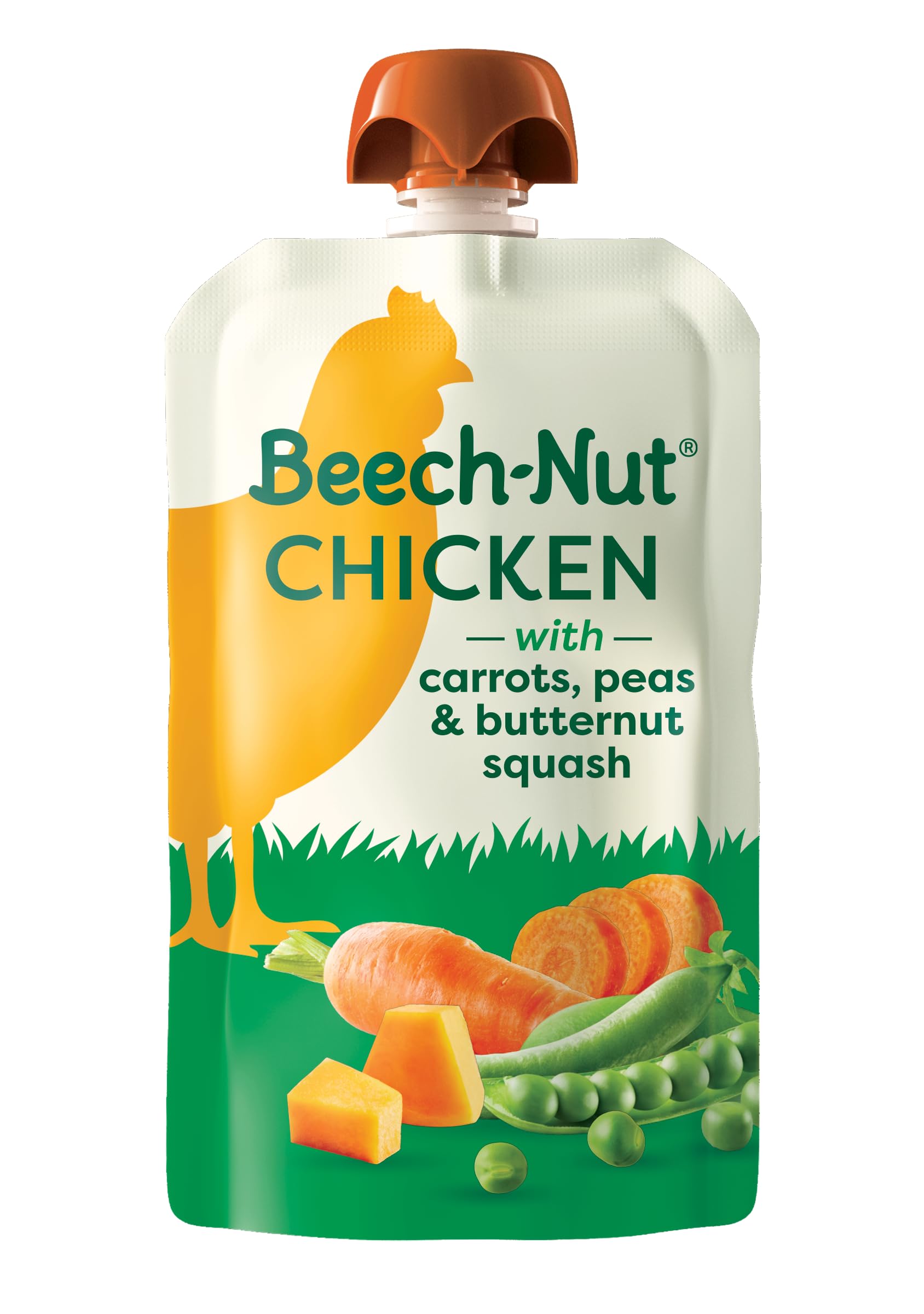 Beech-Nut chicken pouch close-up highlighting 4g protein for babies.