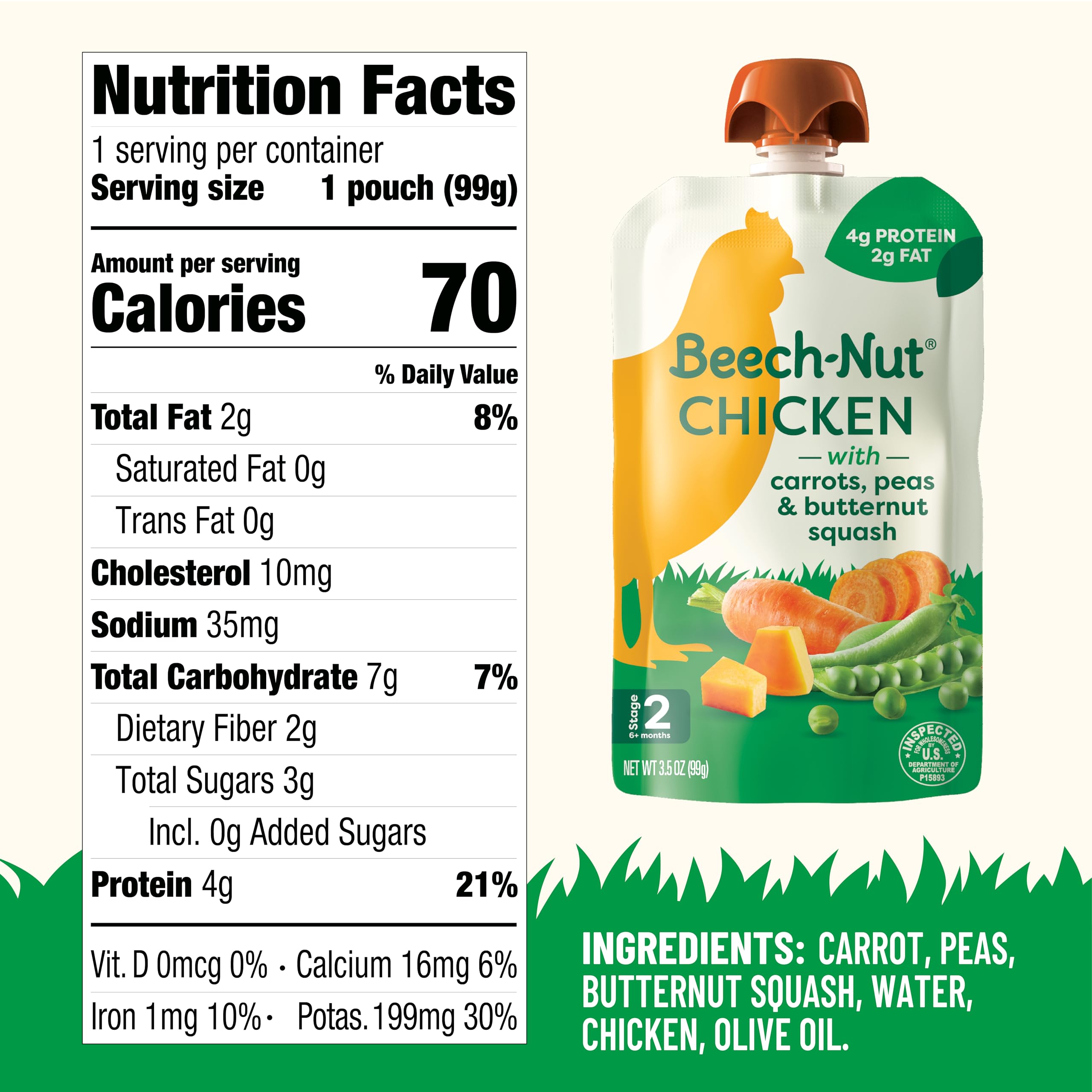 Beech-Nut ingredients image: chicken and vegetables highlight clean label.