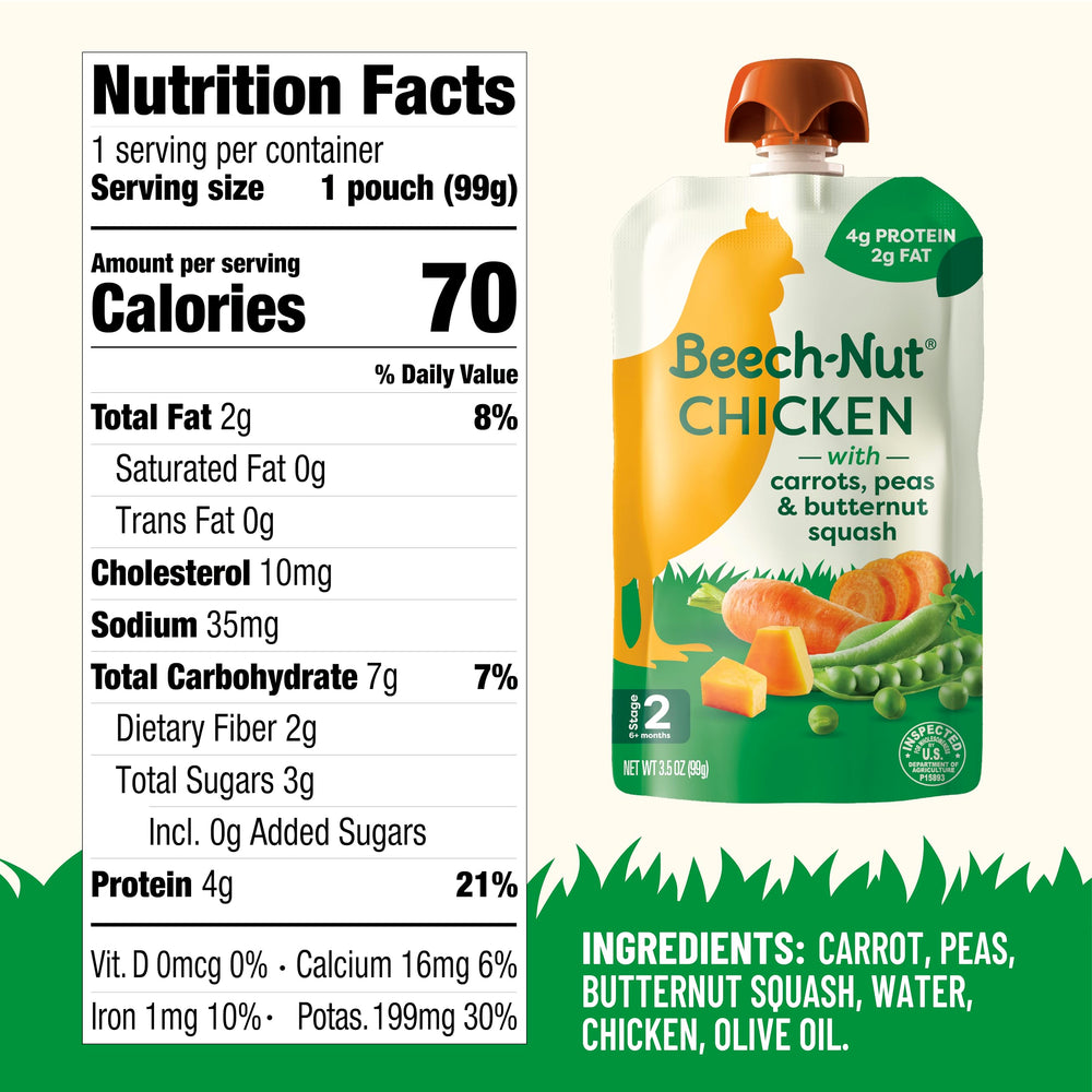 Beech-Nut ingredients image: chicken and vegetables highlight clean label.
