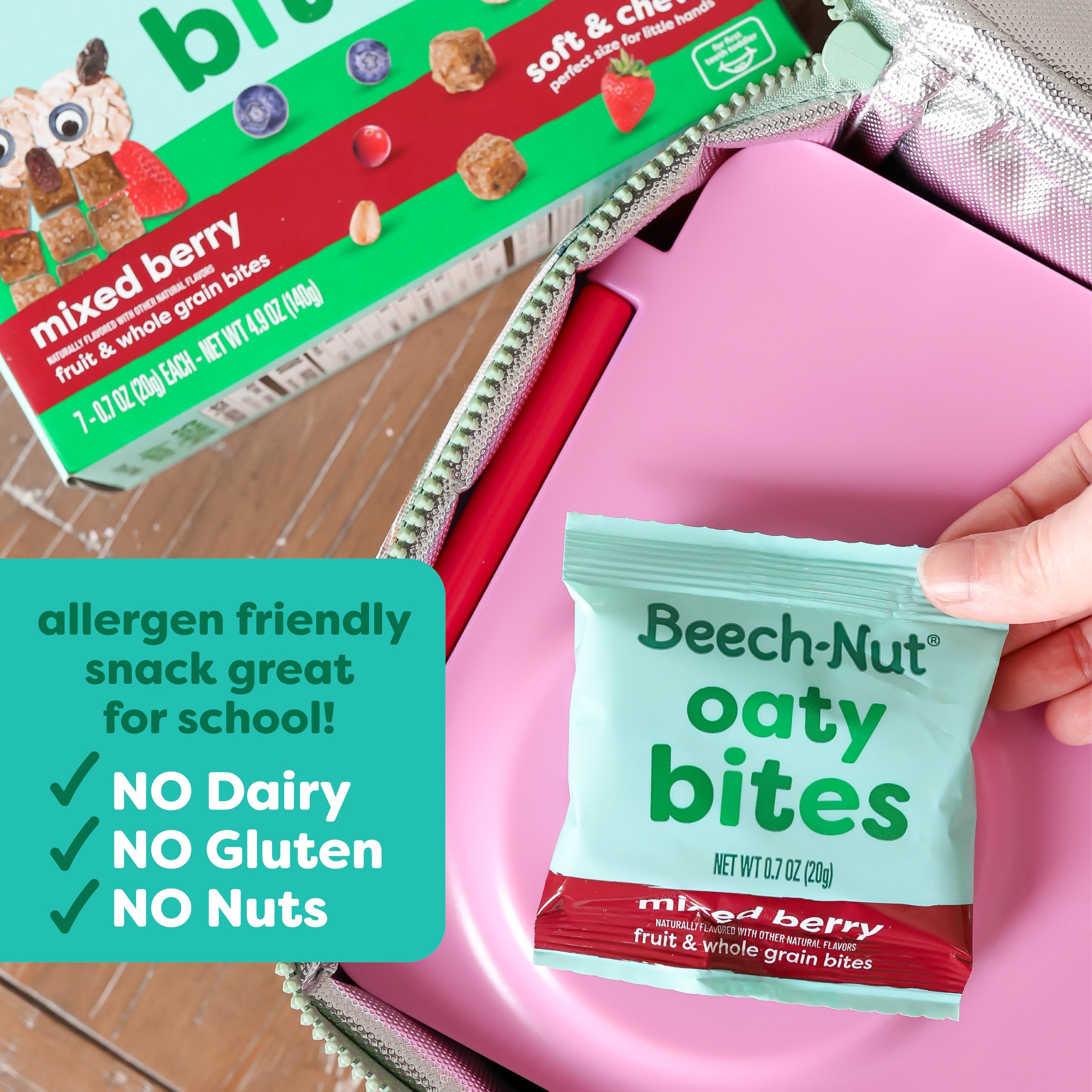Beech-Nut Oaty Bites on-the-go snack bag shows portability.