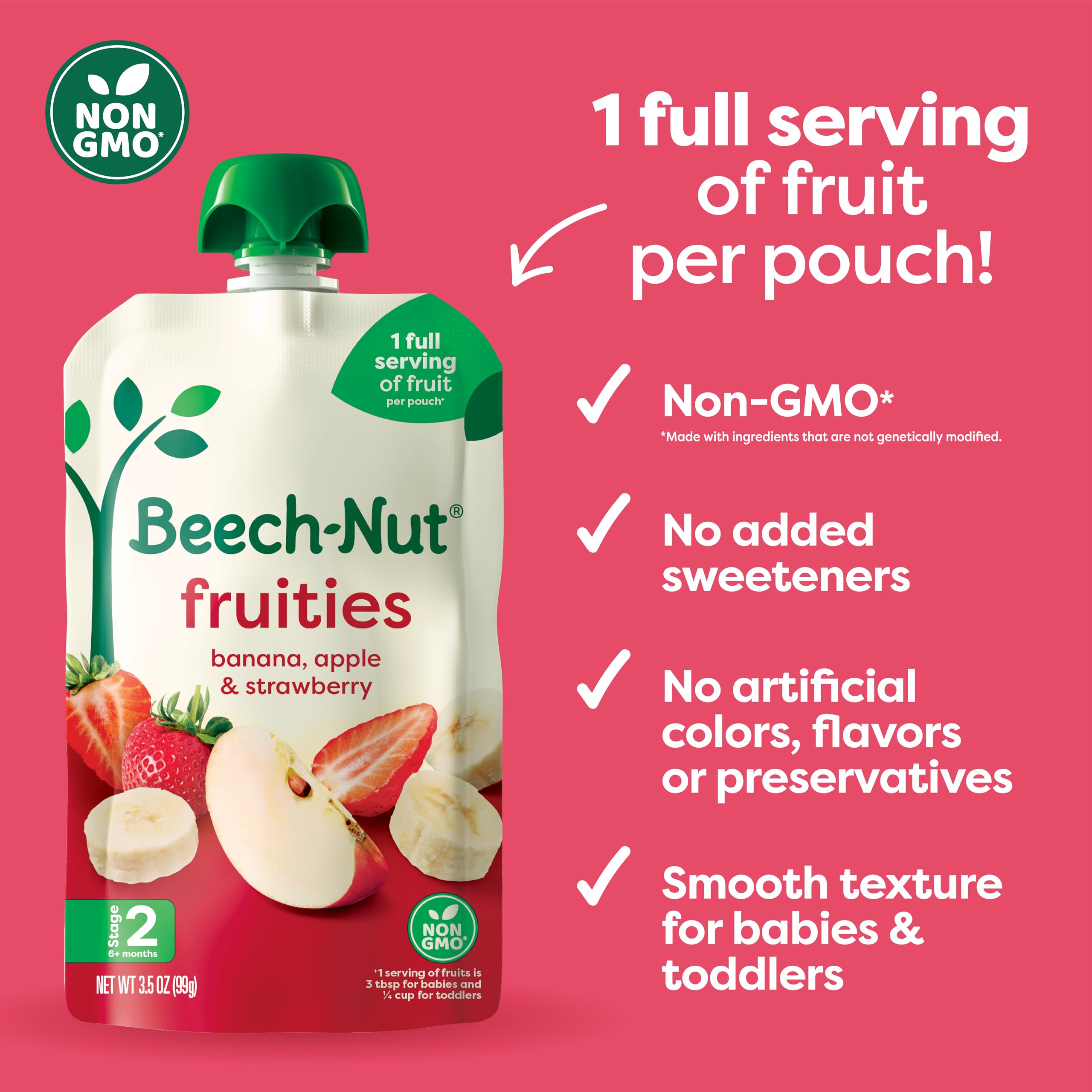 Beech-Nut Pear-Banana-Raspberry pouch offers convenient fruit variety.