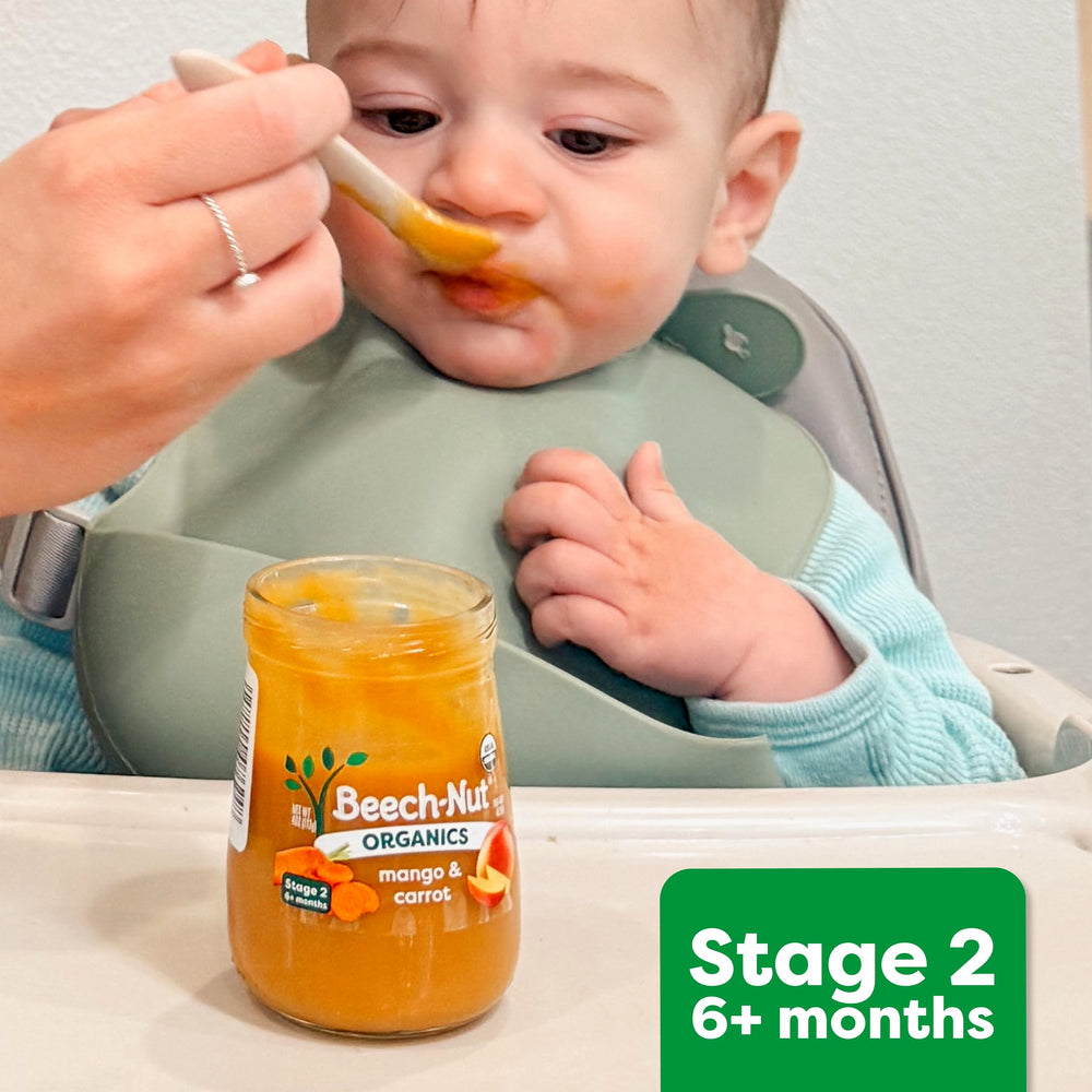 Beech-Nut baby feeding session pouch image demonstrating easy squeezing