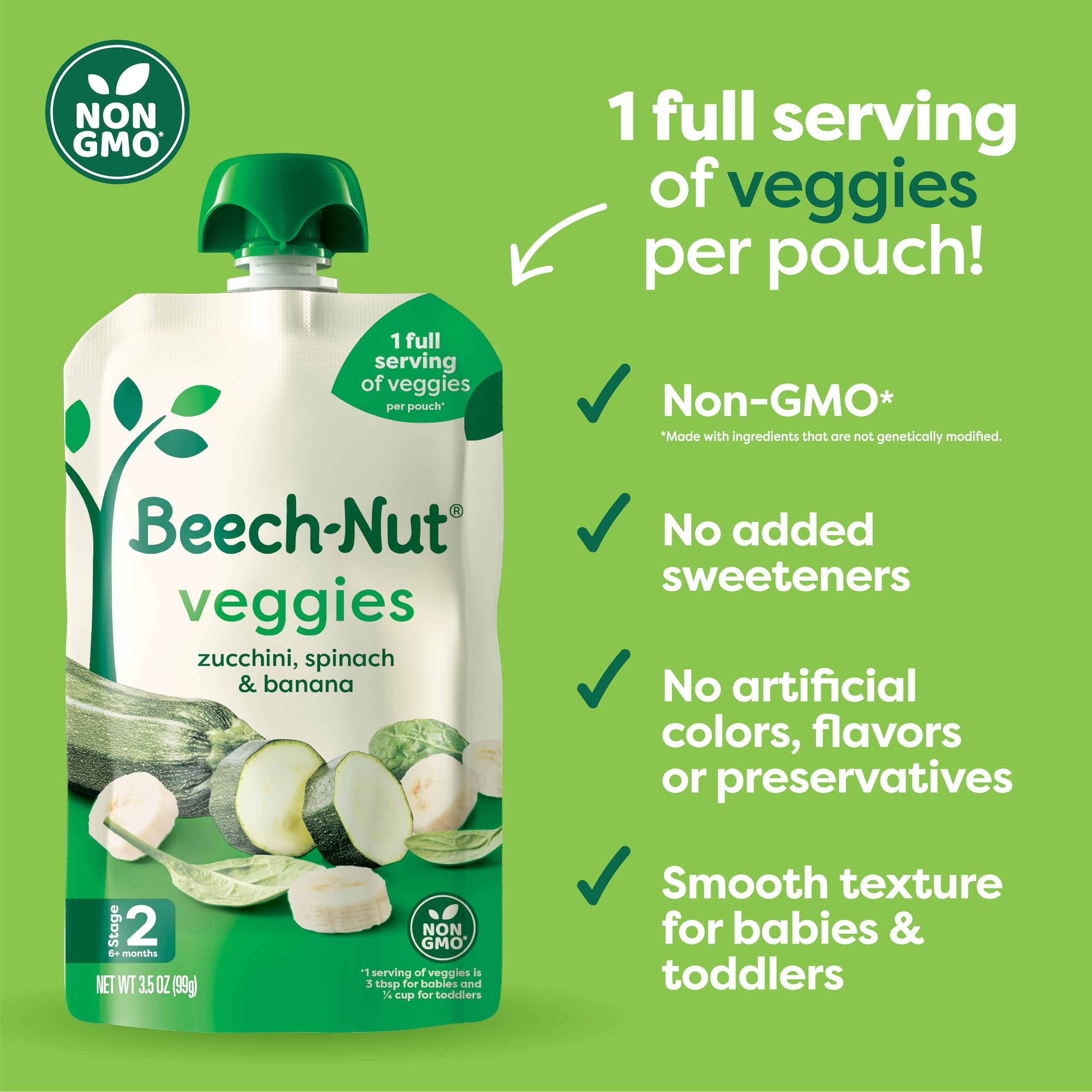 Beech-Nut ingredients include zucchini, spinach, and banana in a convenient pouch.