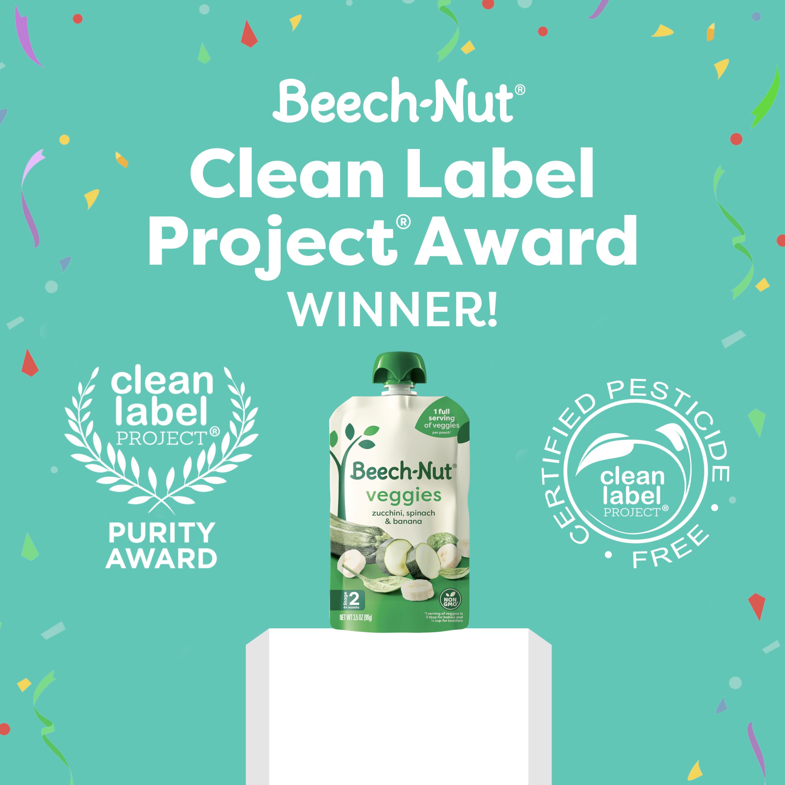 Beech-Nut puree without artificial preservatives or colors in a pouch.