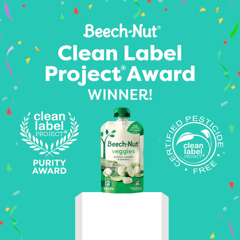Beech-Nut puree without artificial preservatives or colors in a pouch.