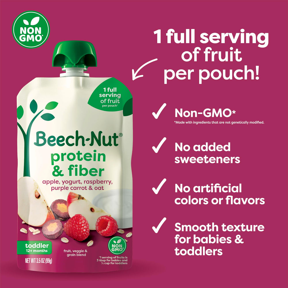 Beech-Nut Prebiotic Fiber pouch with carrot, apple, sweet potato for tummy-friendly bites.