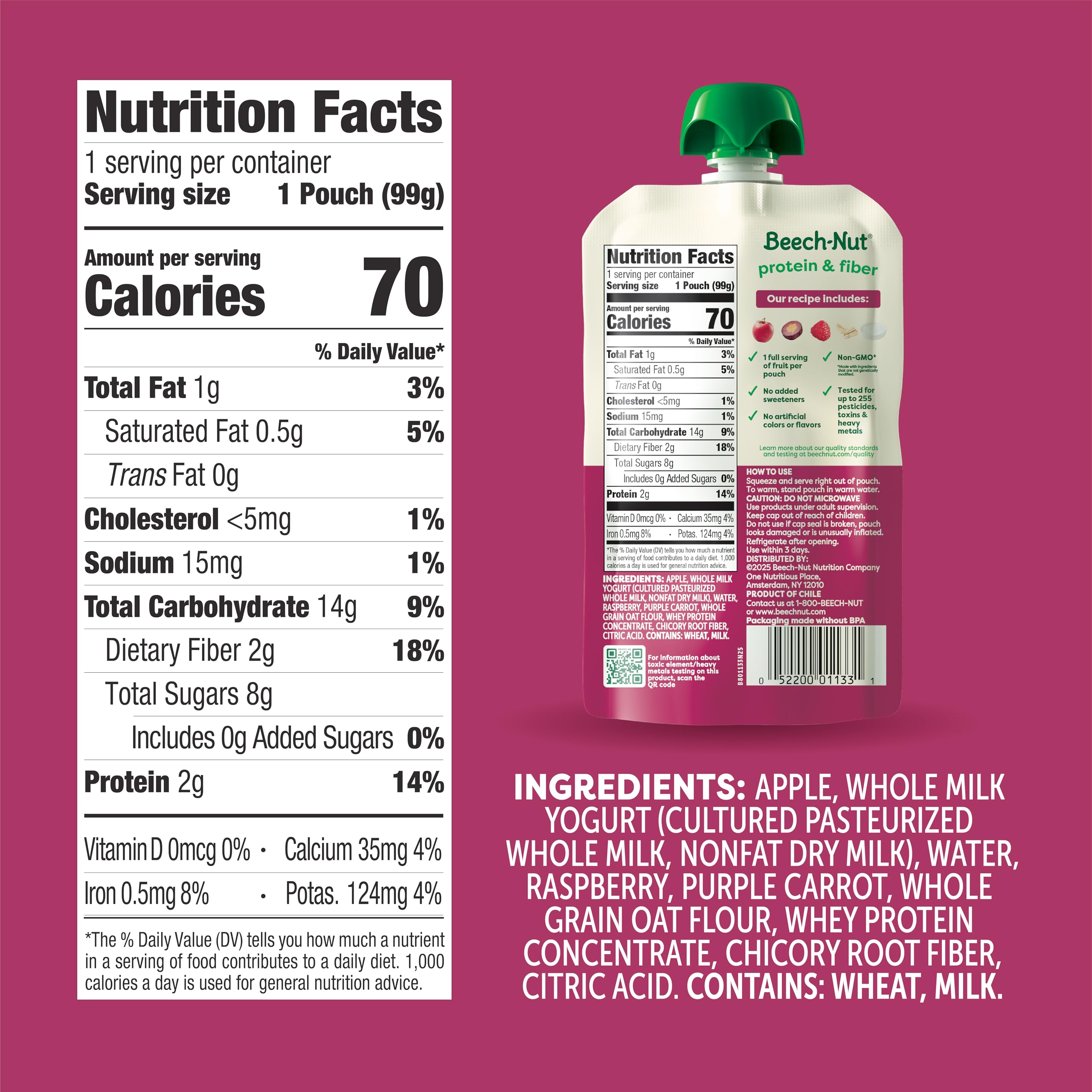 Beech-Nut Protein & Fiber pouch with apple, yogurt, raspberry, oat for a satisfying snack.