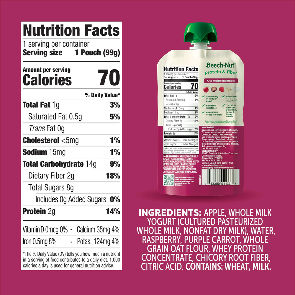 Beech-Nut Protein & Fiber pouch with apple, yogurt, raspberry, oat for a satisfying snack.