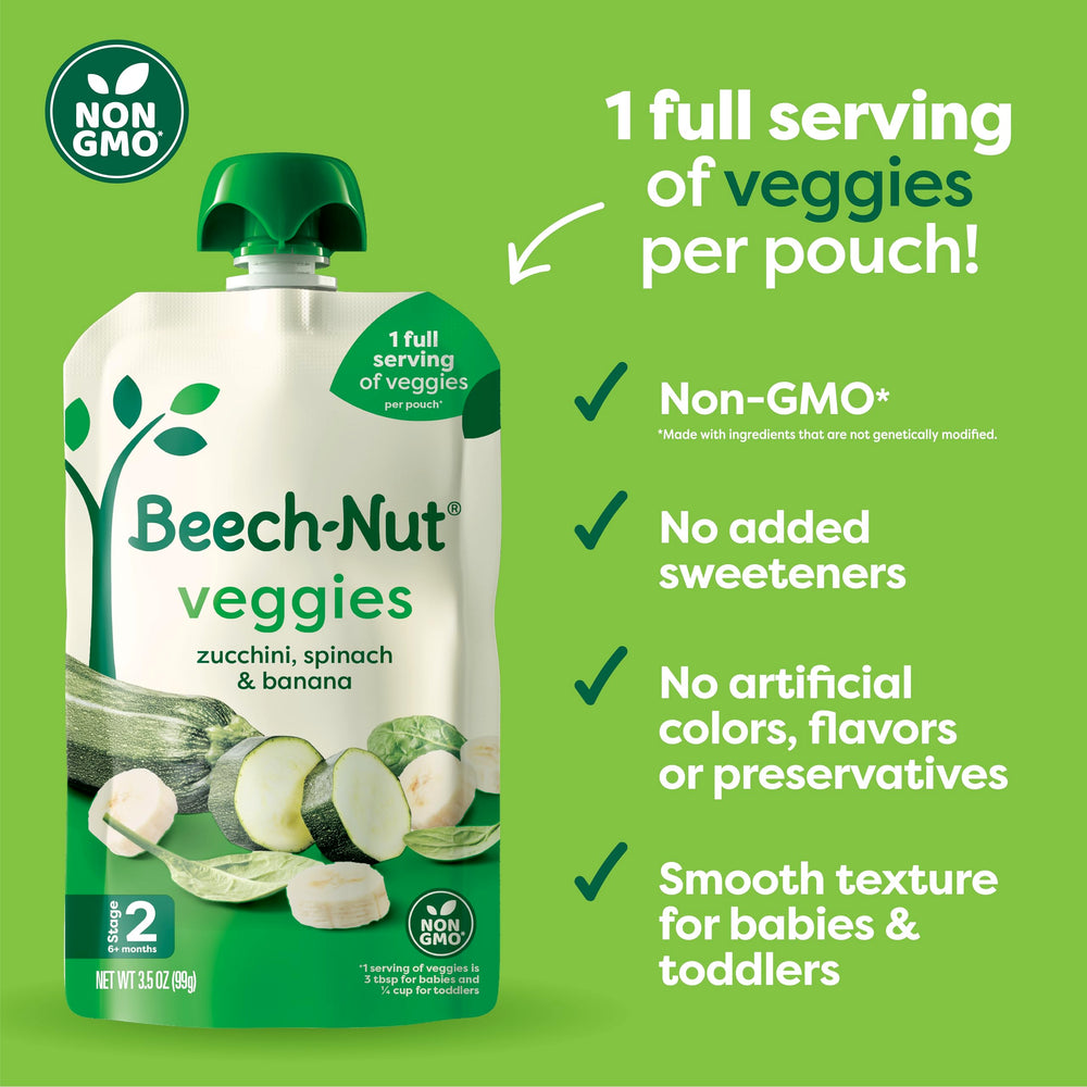 Beech-Nut zucchini-spinach-banana pouch closeup highlights smooth texture for early eaters