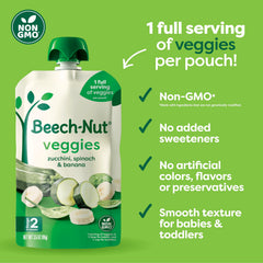 Beech-Nut zucchini-spinach-banana pouch closeup highlights smooth texture for early eaters