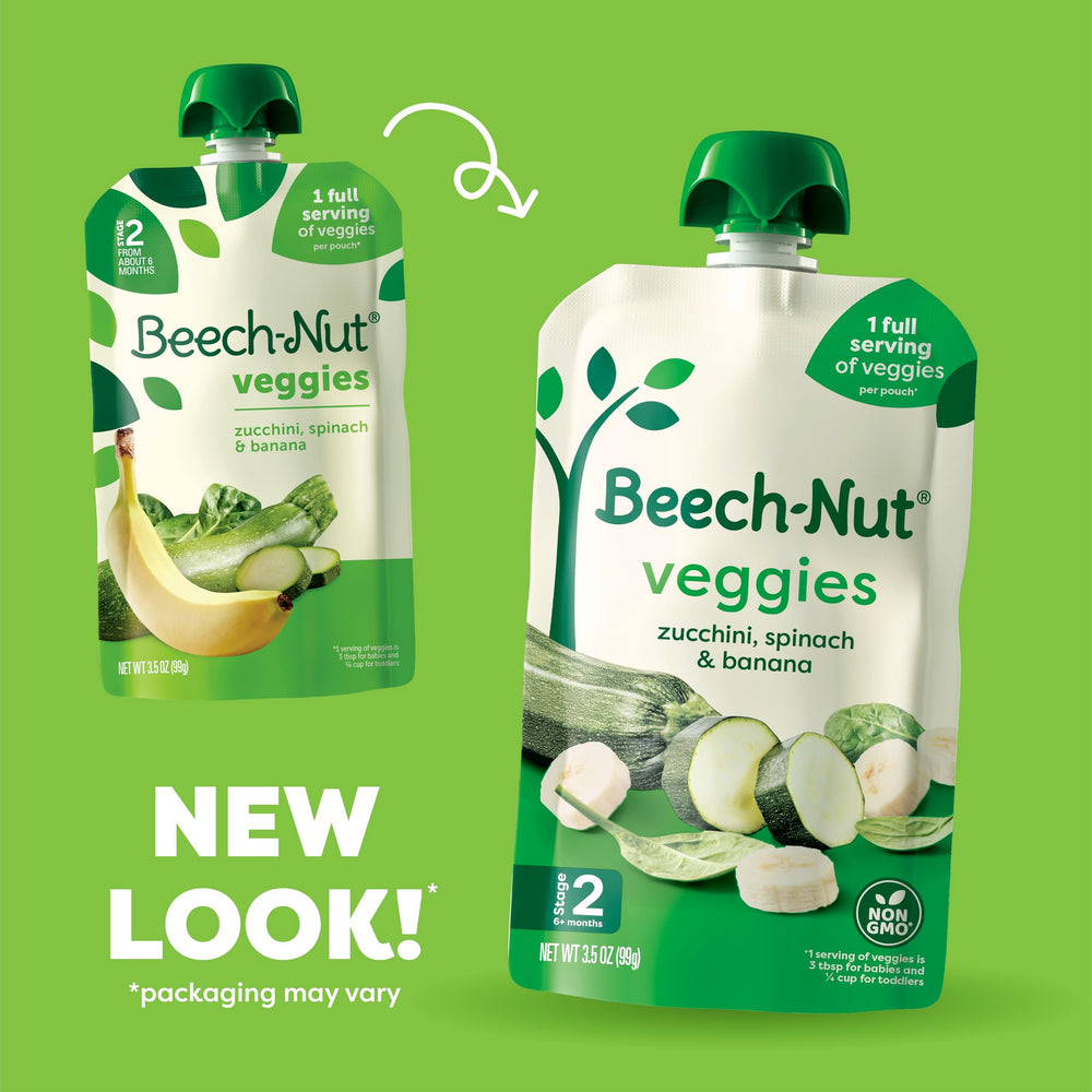 Beech-Nut zucchini-spinach-banana pouch front ideal for introducing solids at home