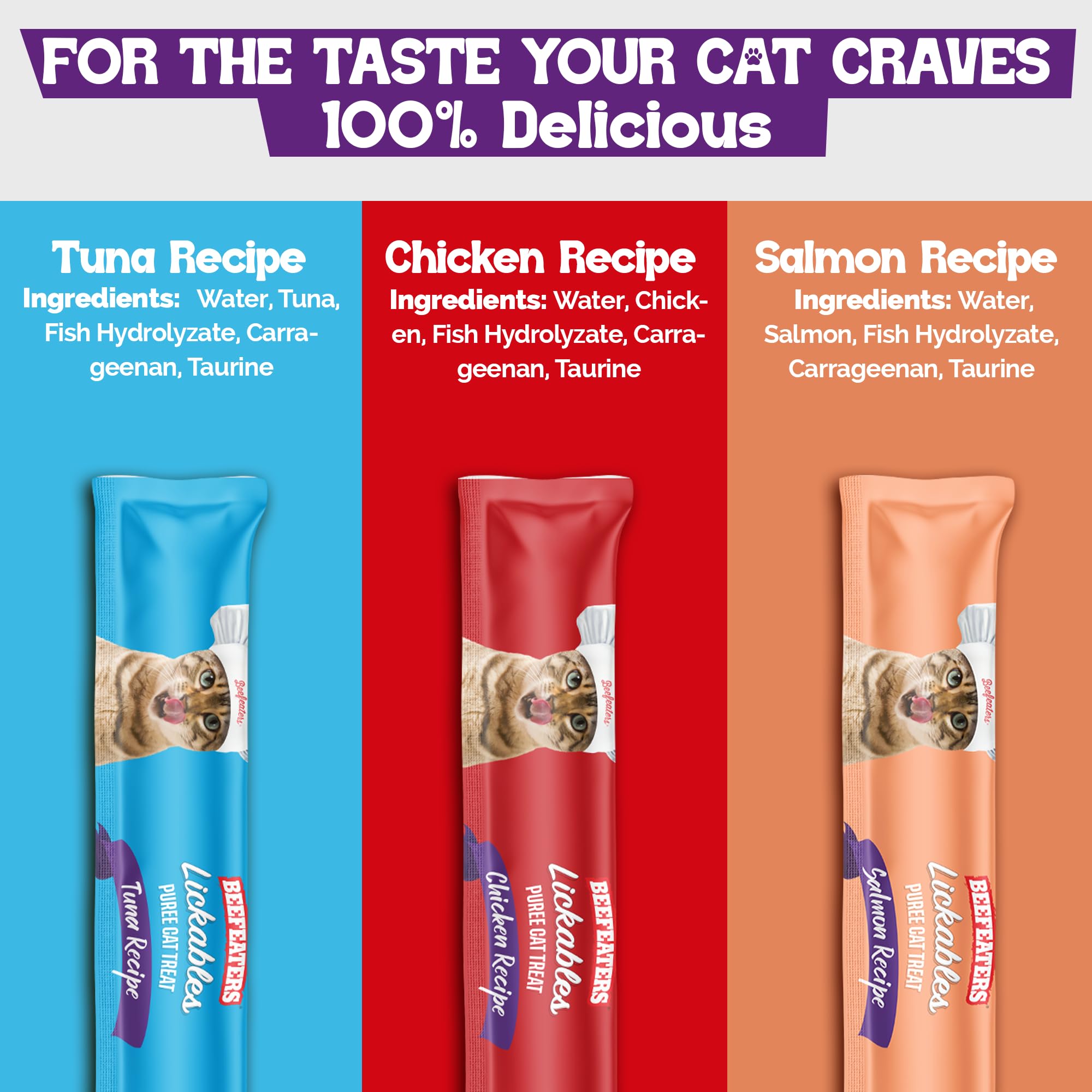 Beefeaters wet cat treats variety pack salmon tube close-up showing moisture