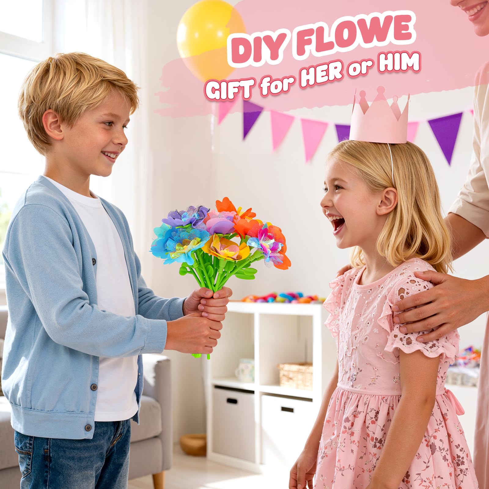 Beefunni kit with colorful centers helps kids create unique flowers and encourages creativity.