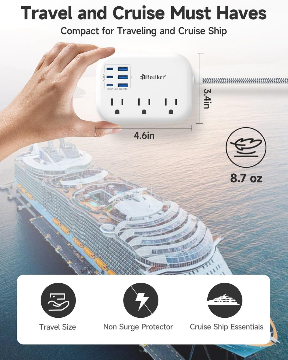 Beeiker 6 USB-C travel power strip braided cord durability and flexibility.