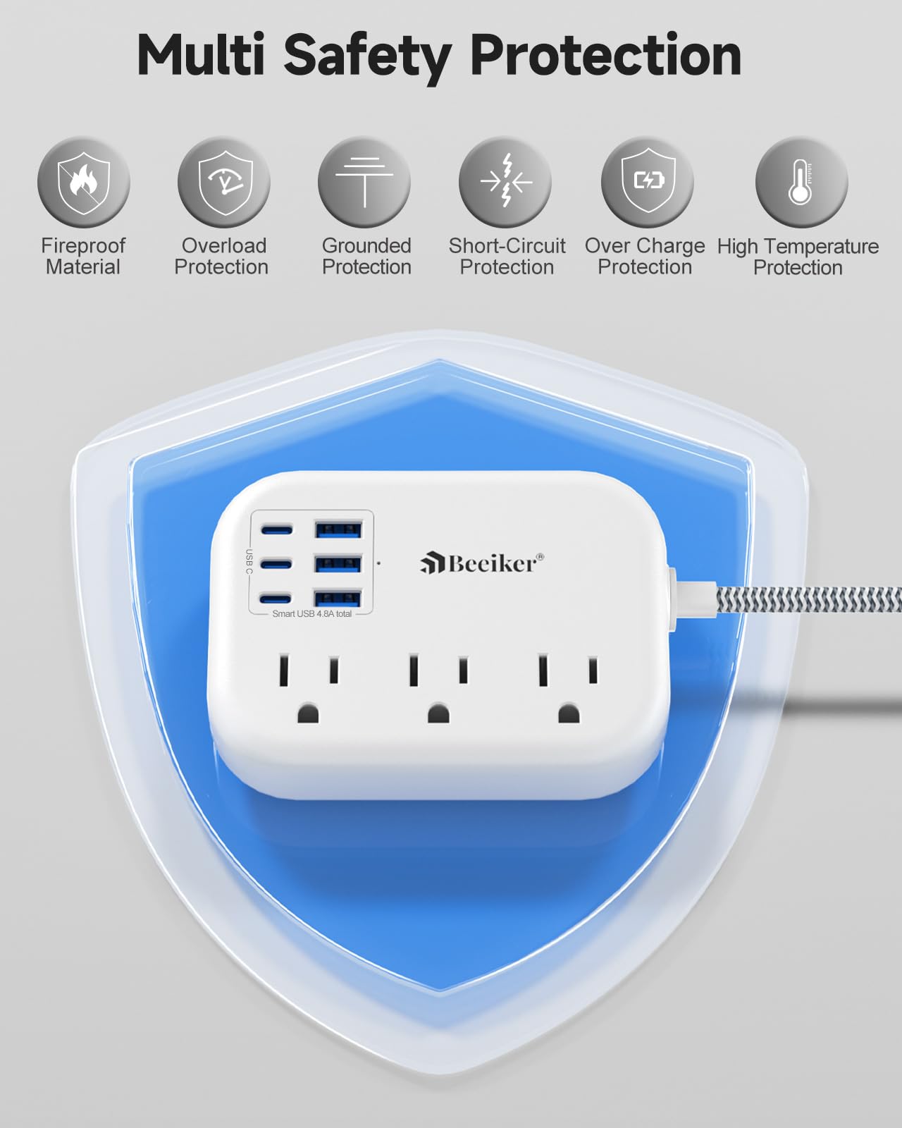 Beeiker 6 USB-C travel power strip dorm bedside setup.