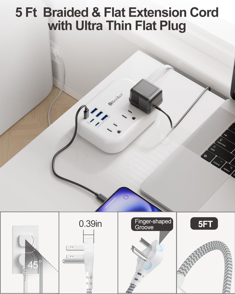 Beeiker 6 USB-C travel power strip flat plug design saves space.