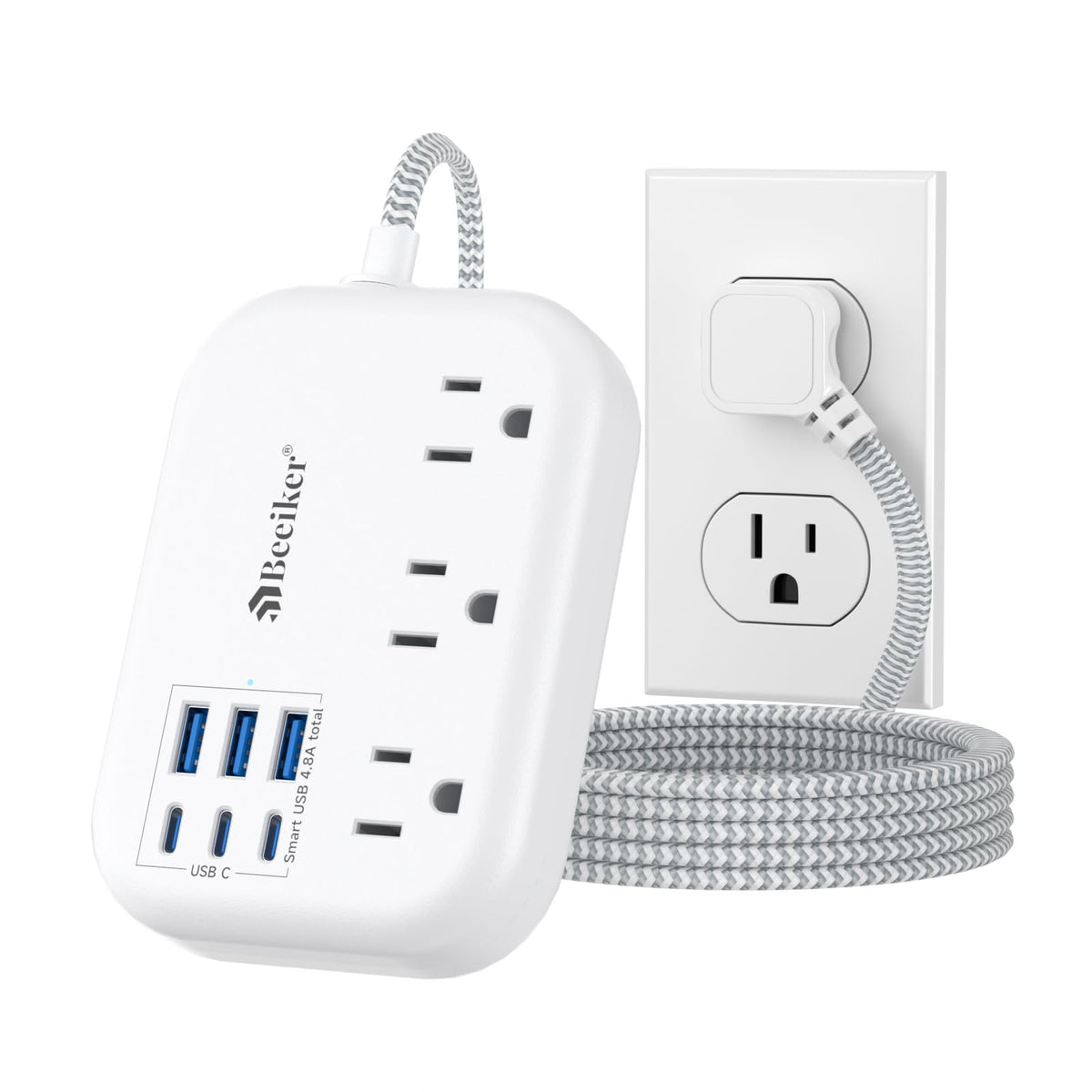 Beeiker 6 USB-C travel power strip front view with outlets and USB ports.