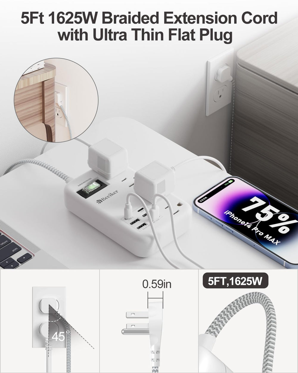Beeiker braided cord close-up shows durable flat plug design