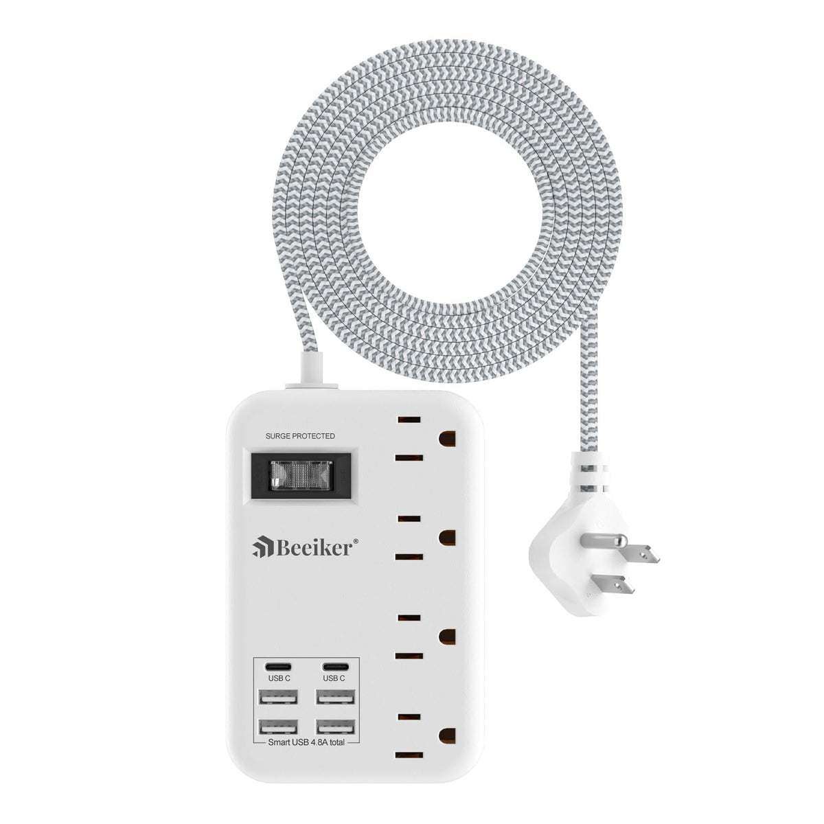 Beeiker front view of 6 USB-C surge protector with multiple outlets for versatile charging