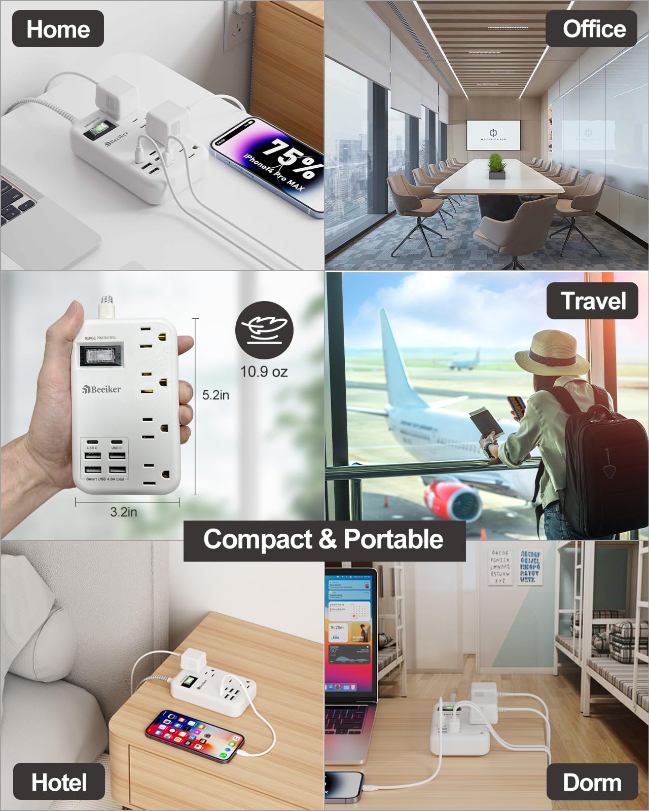 Beeiker travel-ready power strip for on-the-go charging