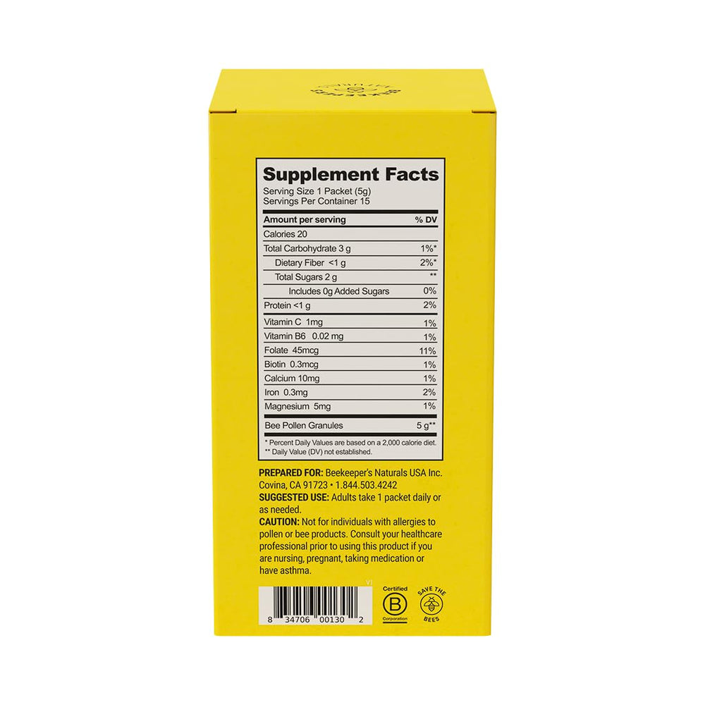 Beekeeper's Naturals bee pollen sticks label close-up gluten-free claim