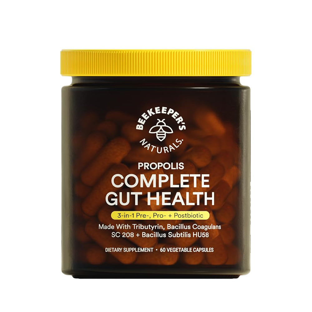 Beekeeper's Naturals Complete Gut Health bottle front supports digestive balance.