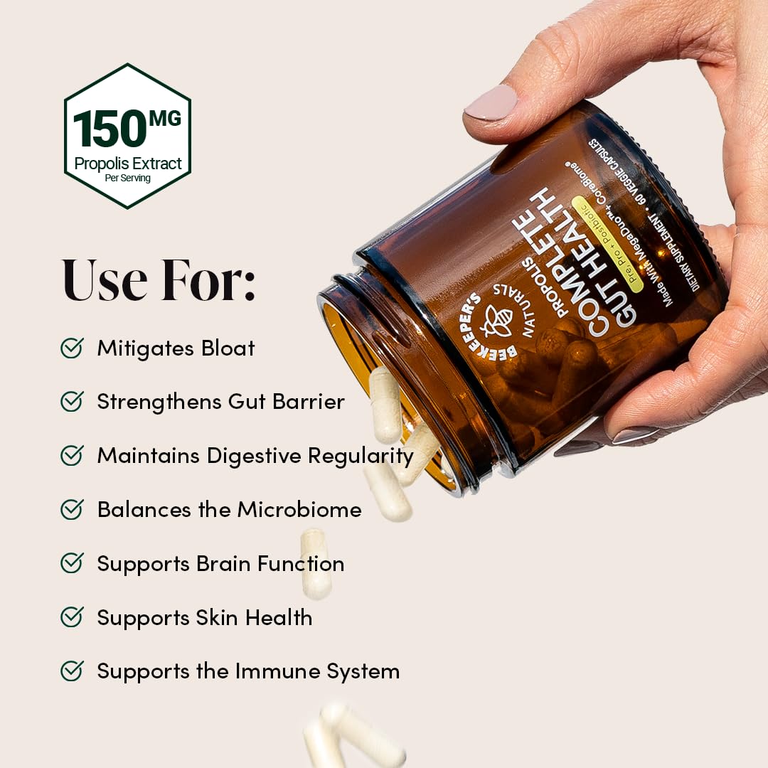 Beekeeper's Naturals Complete Gut Health bottle with glass shows convenient daily use.