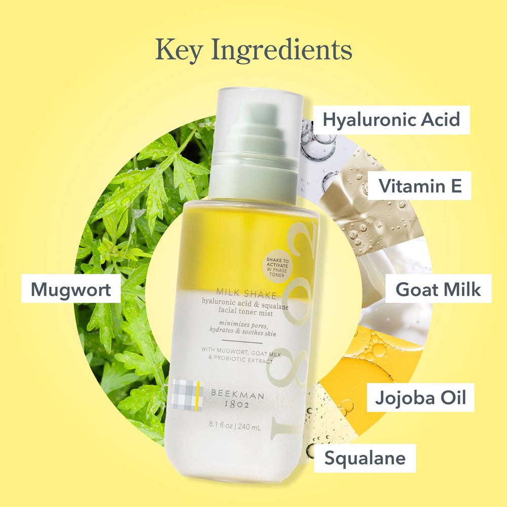 Close-up highlights squalane and mugwort for hydration and balance.