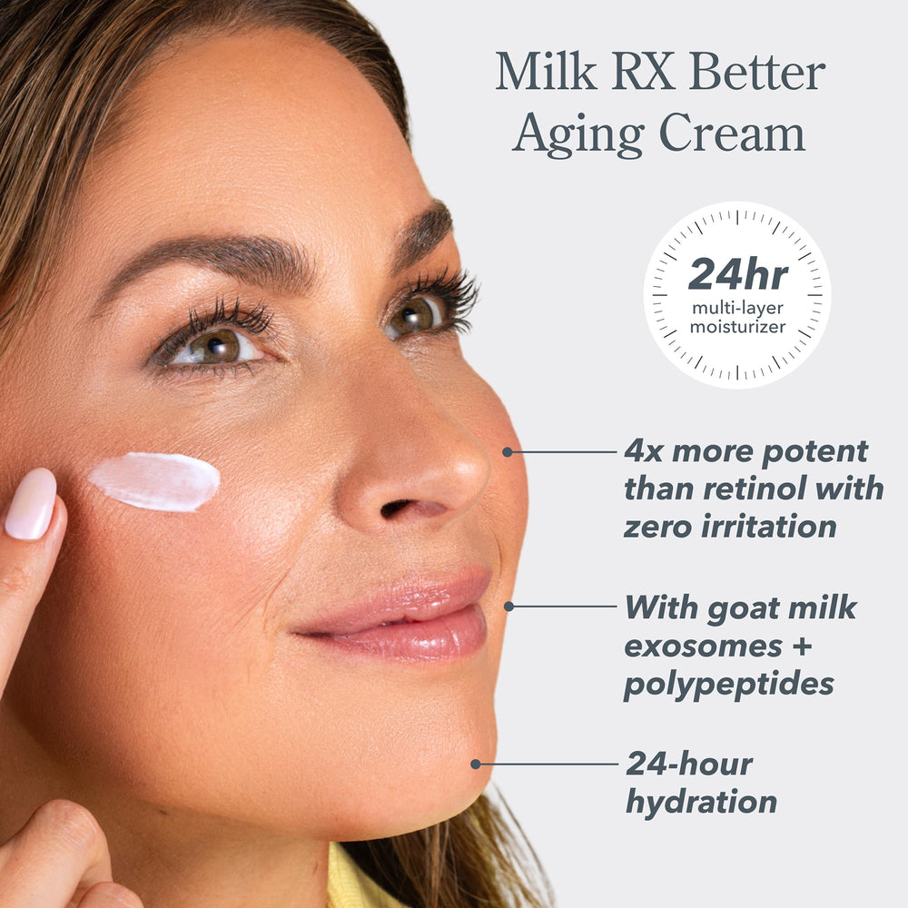 Beekman 1802 Milk RX Advanced Cream jar closeup highlighting creamy texture for daily use.