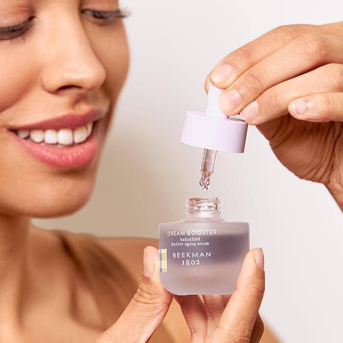 Beekman 1802 Bakuchiol serum on skin illustrating pore refinement.