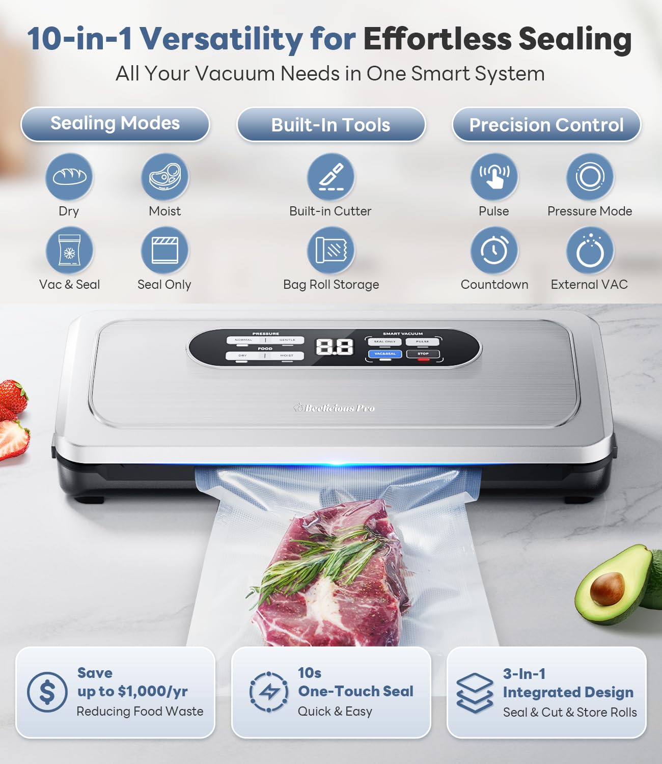 Beelicious Pro offers 10-in-1 modes for dry, moist, and delicate sealing.