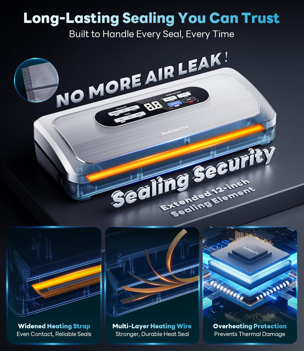 Beelicious Pro vacuum sealer delivers 80kPa suction for airtight preservation.
