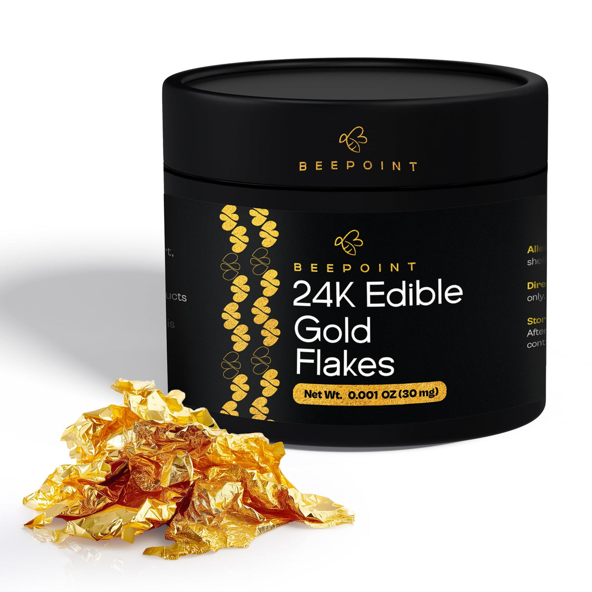 BeePoint 24K edible gold flakes bottle close-up for premium plating