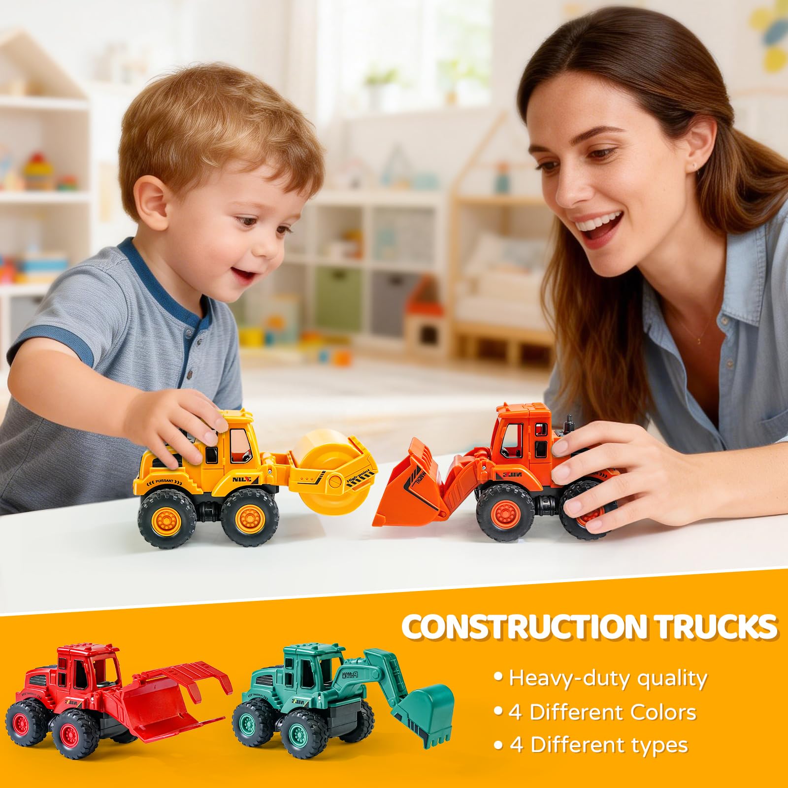 Beestech sandbox play setup with construction vehicles for creative building.