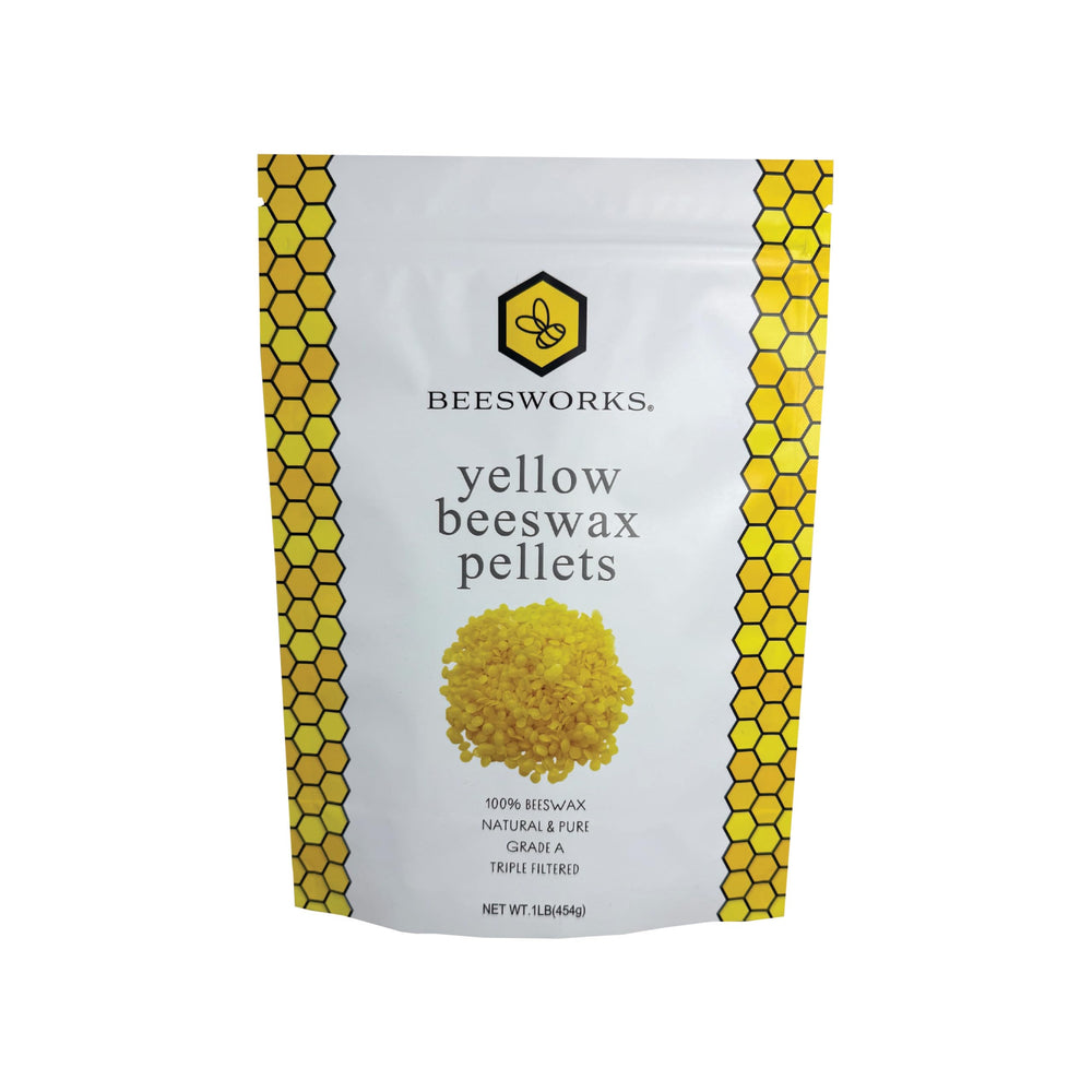 Beesworks yellow beeswax pellets in 1lb package for easy DIY cosmetics