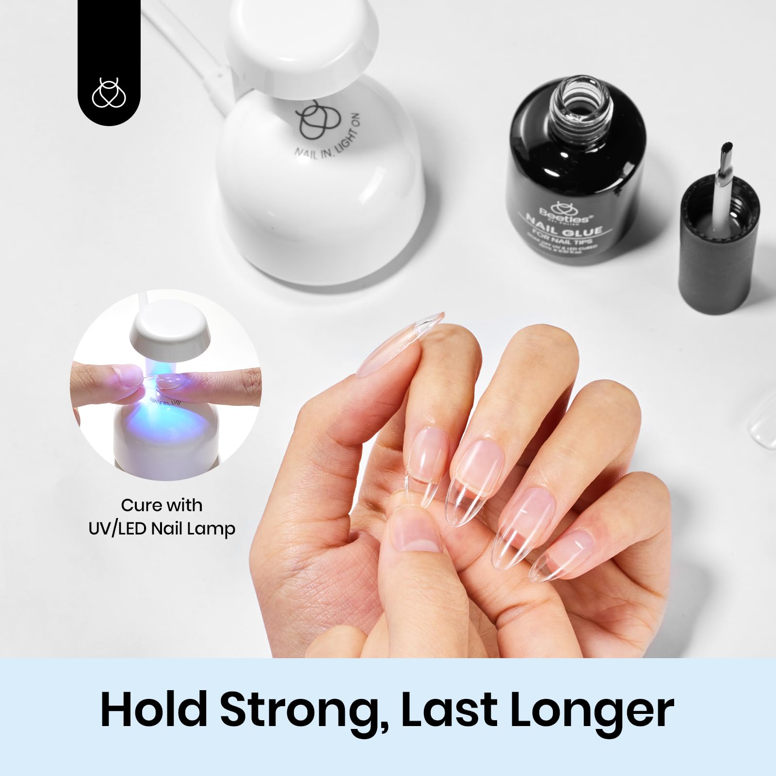 Beetles 9in1 glue in use with smooth nail tip bonding.