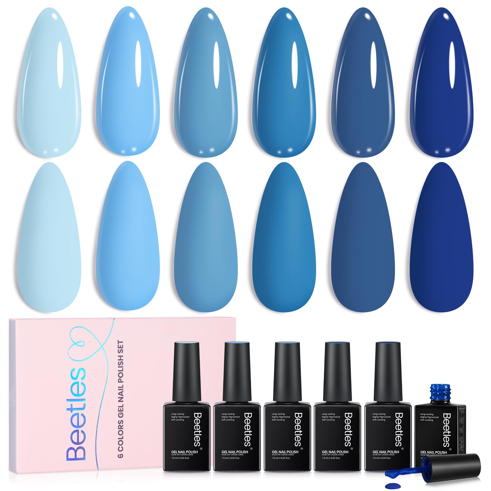 Beetles Blue Gel Polish Set front view, six ocean blues for long-lasting manicures.