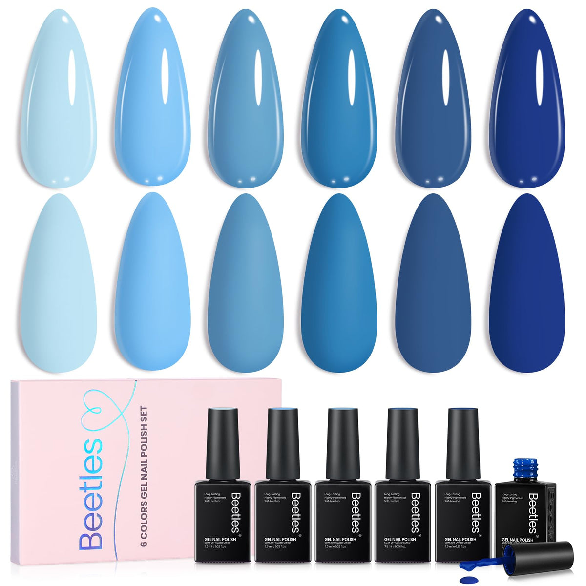 Beetles Blue Gel Polish Set front view, six ocean blues for long-lasting manicures.