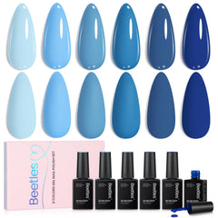 Beetles Blue Gel Polish Set front view, six ocean blues for long-lasting manicures.