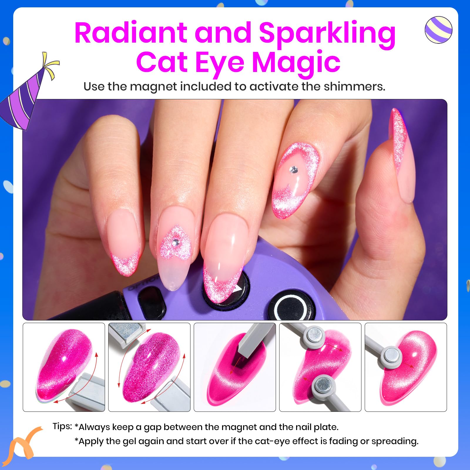 Beetles Cat Eye Nail Polish Pink sparkling under light with magnet