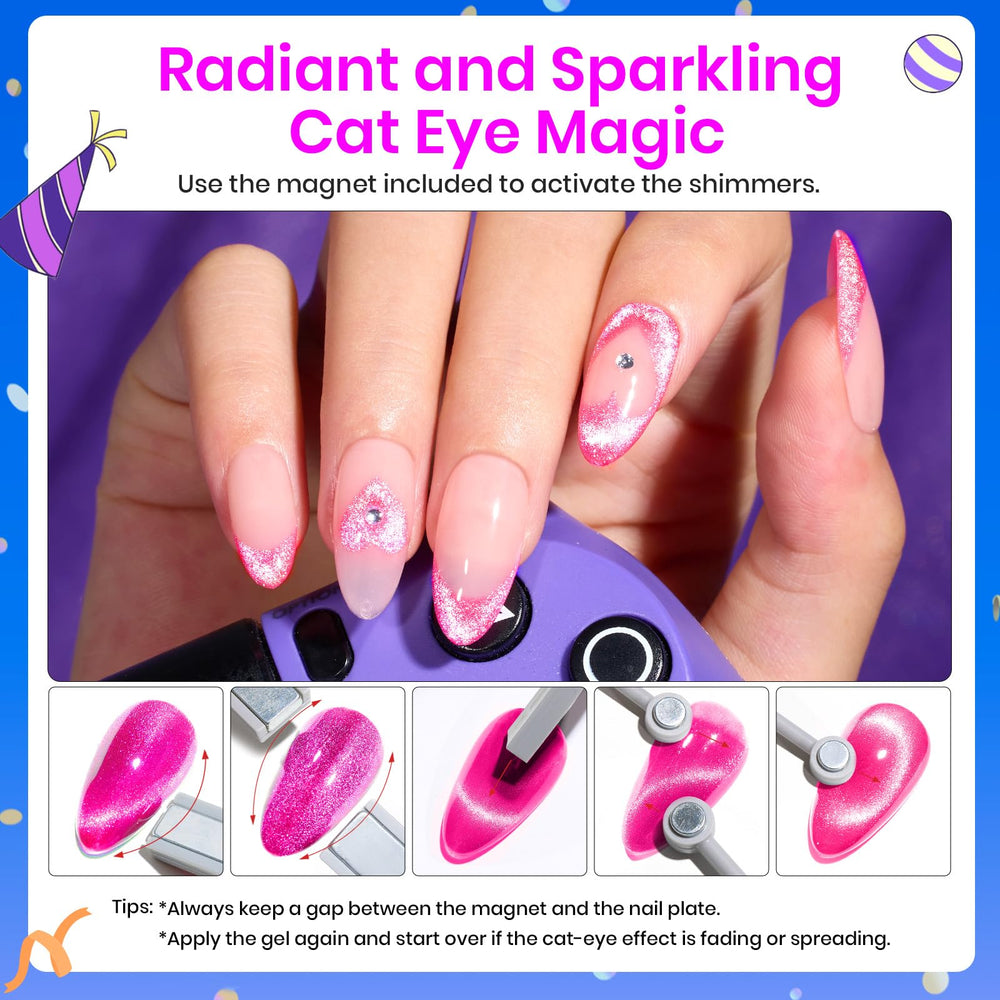 Beetles Cat Eye Nail Polish Pink sparkling under light with magnet