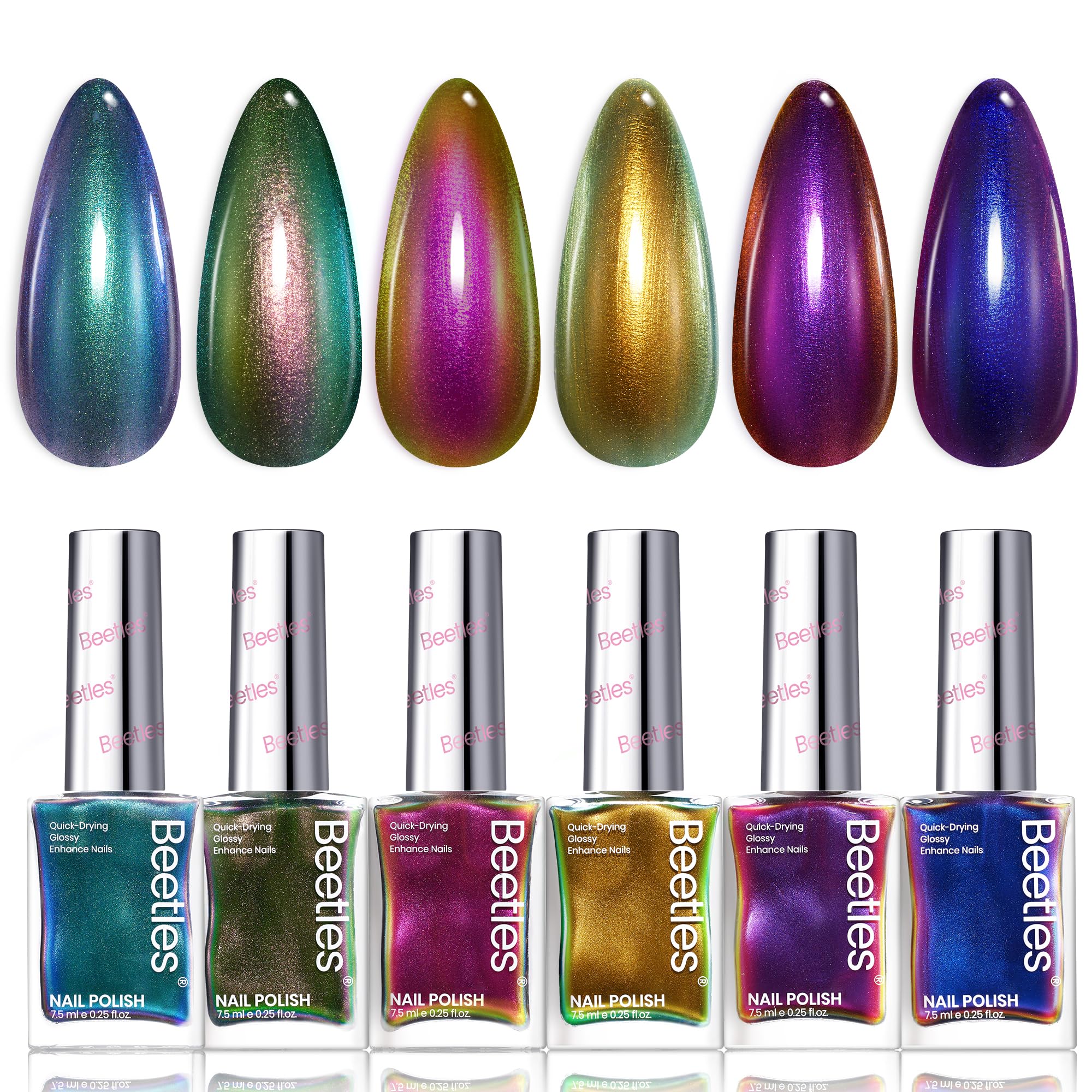 Beetles Chrome Nail Polish Ember Glow bottle showcases holographic shimmer for autumn looks.